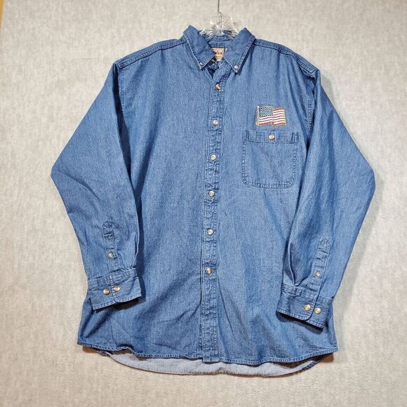 Vtg 1250 North Shirt Mens Large Blue Denim U.S. Army Amwrican Flag Button Down - Picture 1 of 10
